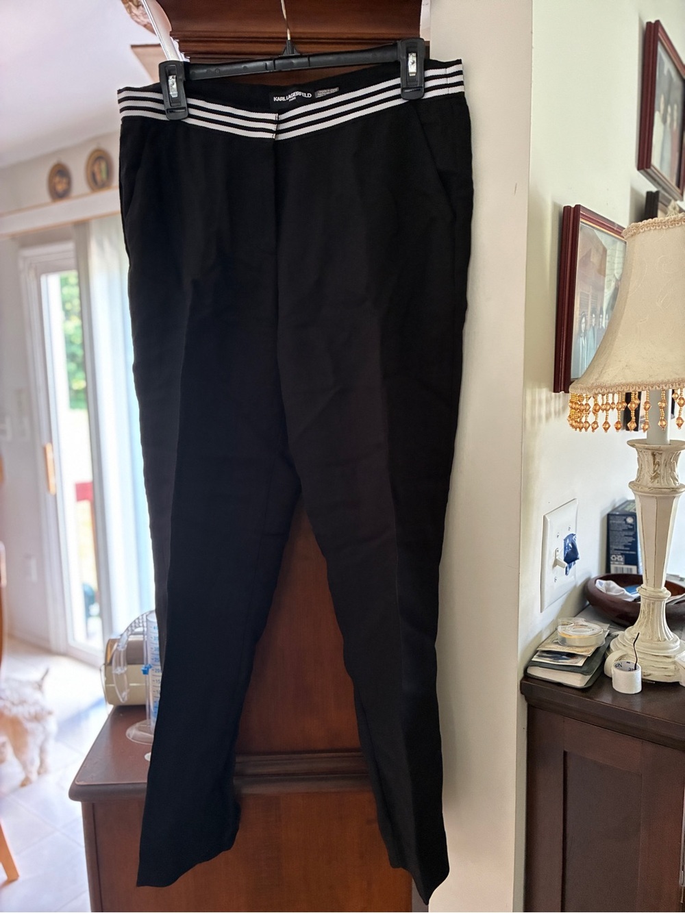 Black women’s Straight Pants with Striped Waistband